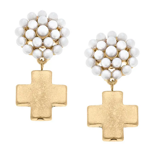 Square cross pearl cluster earrings