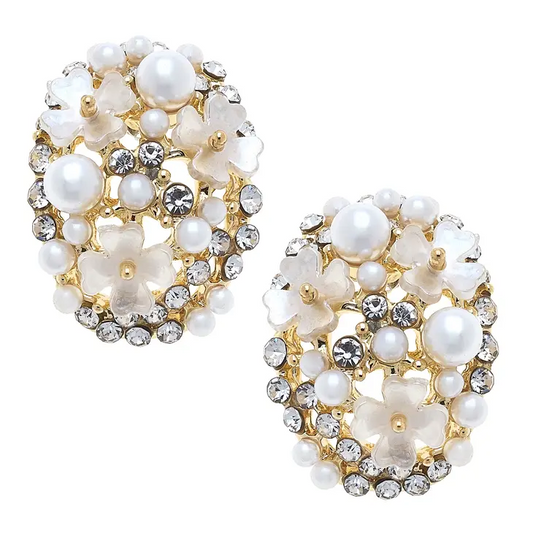 Pearl rhinestone cluster flower stud earrings